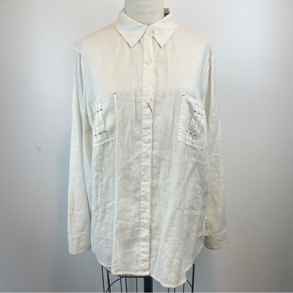 Krizia Per Te Aktive 100% linen deadstock White Long Sleeve Blouse 29 XL large